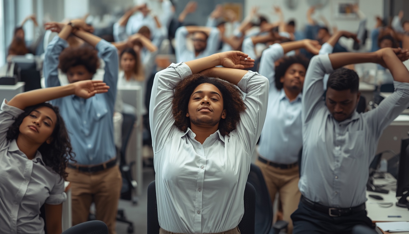 Office workers stretching at desks during a Strainingearth wellness session